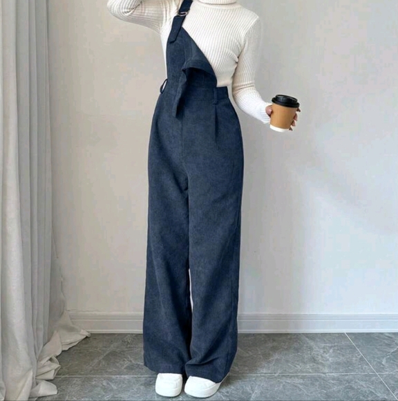 Women's Solid Color Wide Strap Simple Casual Bib Overalls In Corduroy - Picture 4 of 4